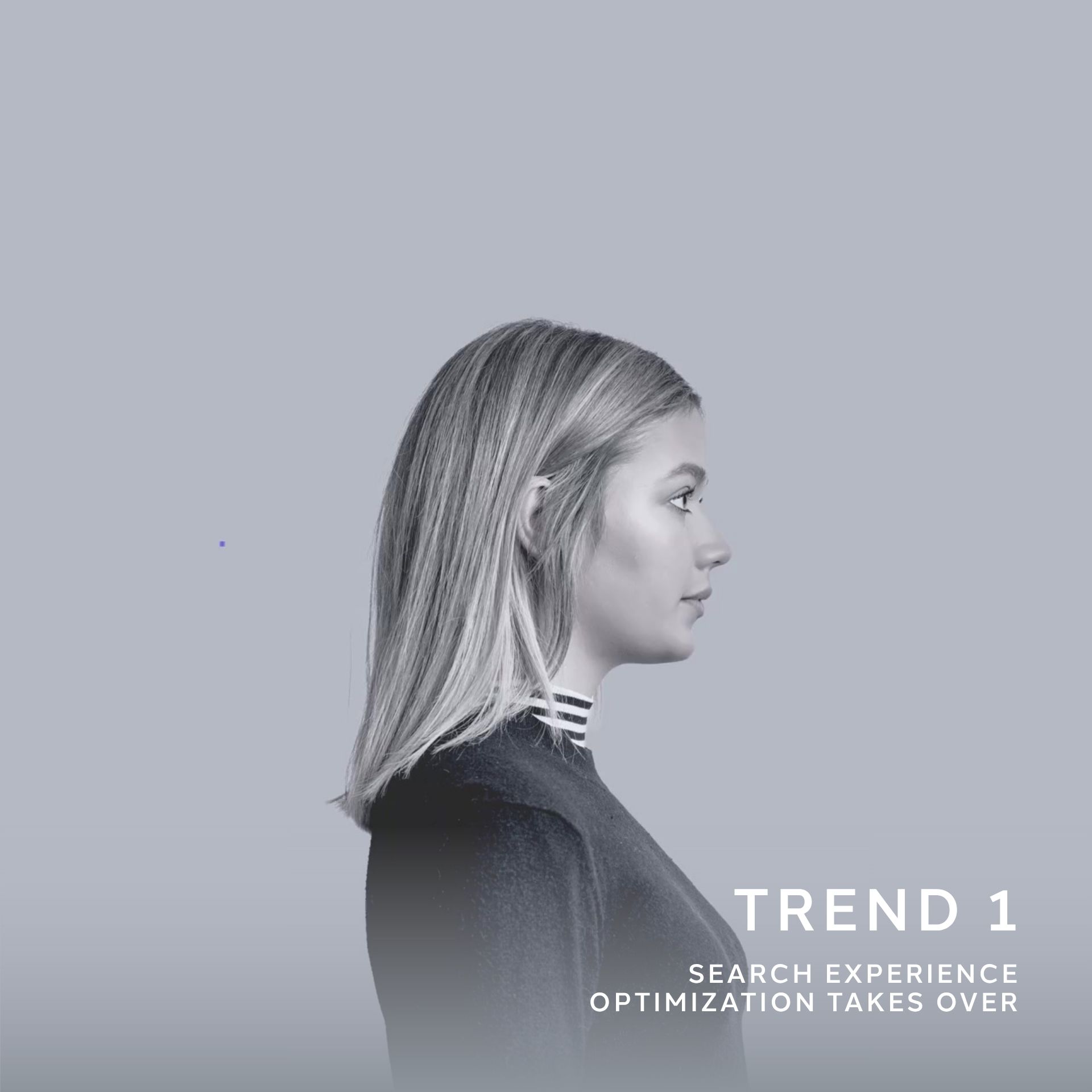 Profile of a woman looking right with text overlay “Trend 1: Search Experience Optimization Takes Over” from dentsu’s 2026 Media Trends report.